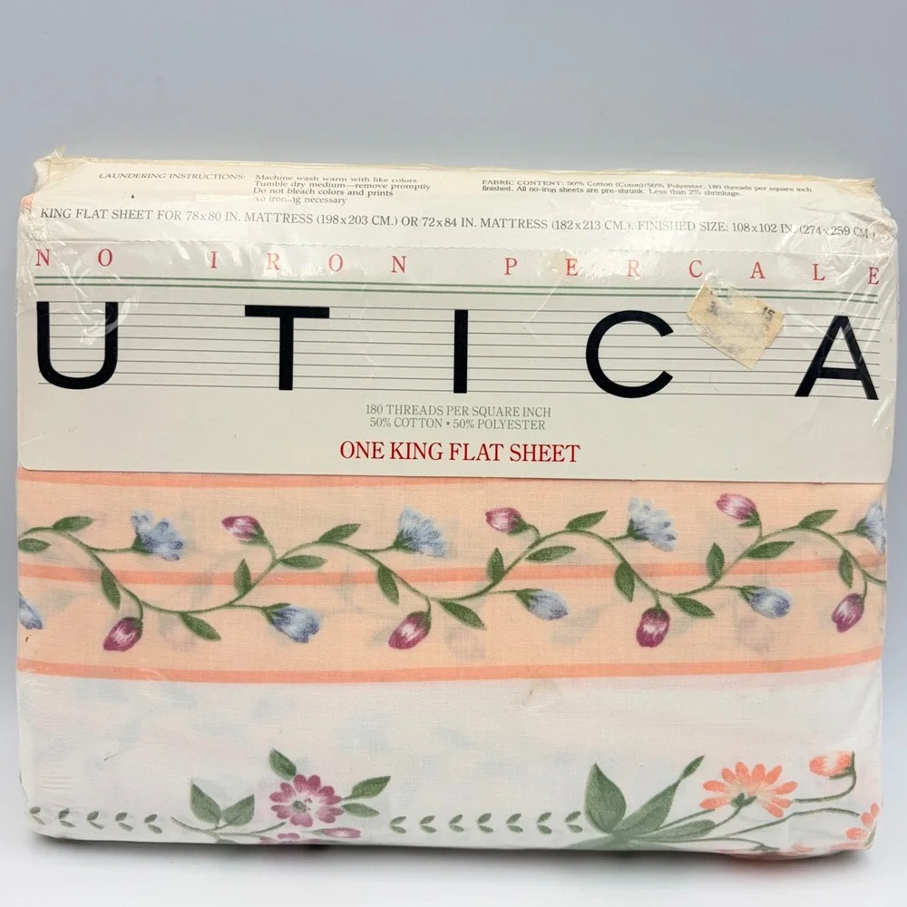Vintage Utica Garden Trellis King Flat Sheet 1985 Floral Percale Made in USA NEW